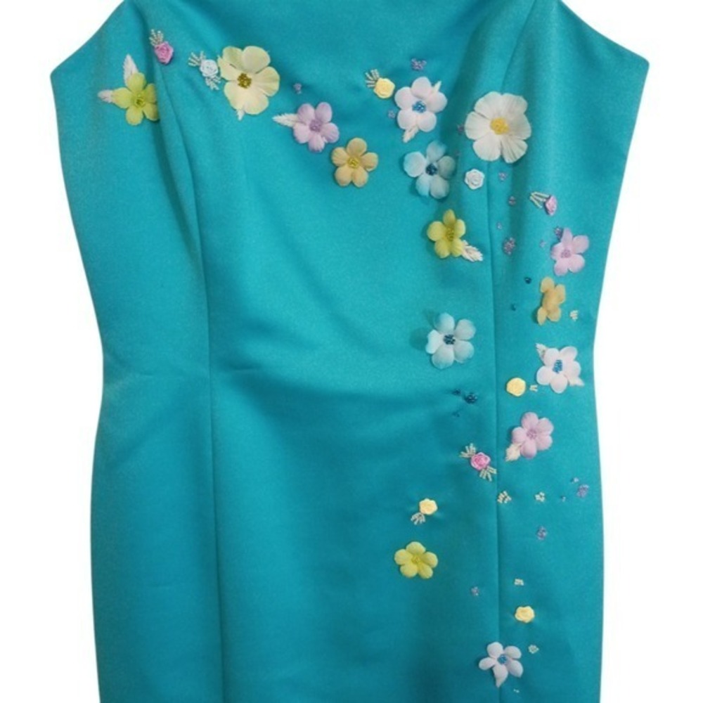 Maggy London Vintage Teal Satin 3D Floral Beaded Cocktail Sheath Dress Sz 8 - Picture 6 of 11